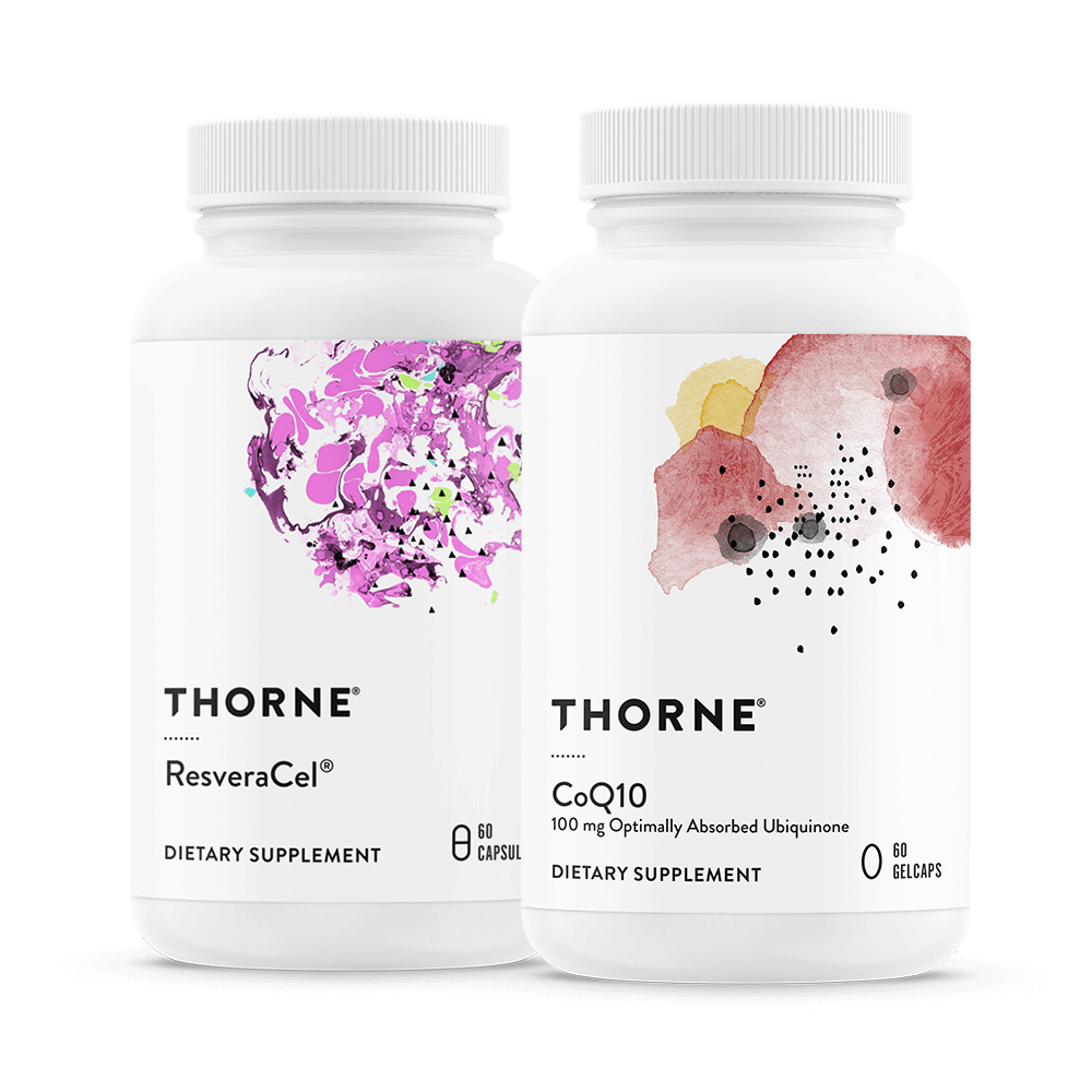 Thorne Healthy Aging Bundle with ResveraCel and CoQ10 bottles, white labels featuring colorful abstract designs