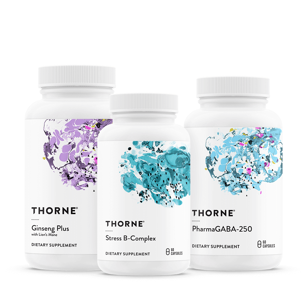Thorne Stress Stack with Ginseng Plus, Stress B-Complex, and PharmaGABA-250 white bottles with colorful abstract labels