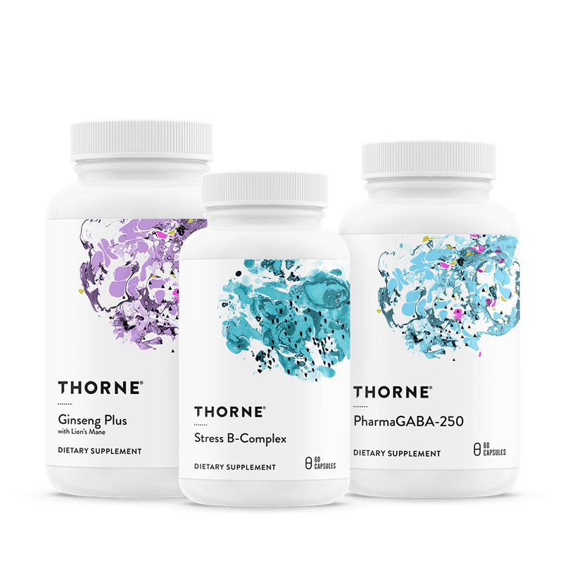 Thorne Stress Stack with Ginseng Plus, Stress B-Complex, and PharmaGABA-250 white bottles with colorful abstract labels