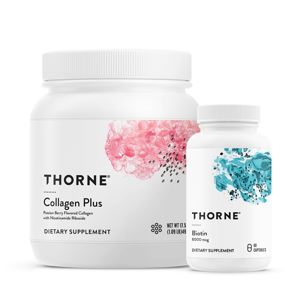 Thorne Skin Health Stack with Collagen Plus tub and Biotin bottle, white packaging with pink and teal abstract designs