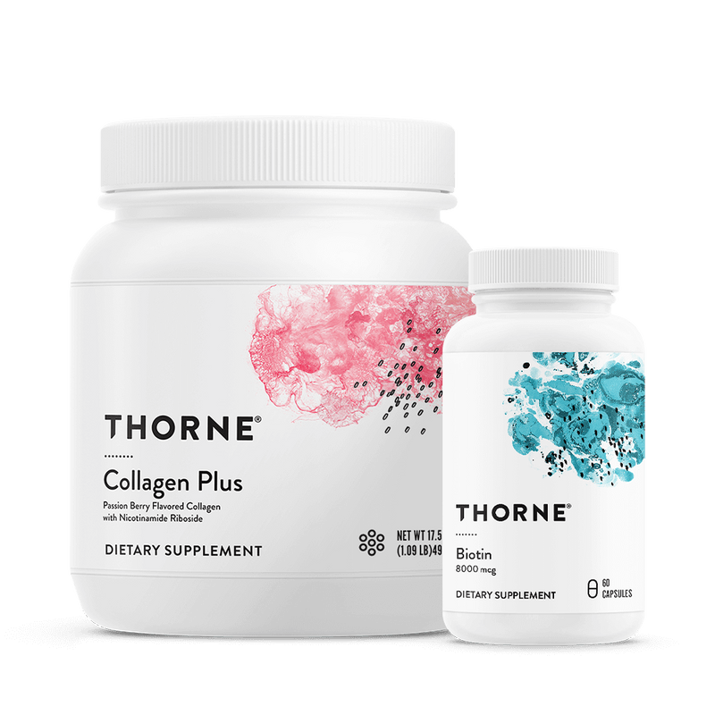 Thorne Skin Health Stack with Collagen Plus tub and Biotin bottle, white packaging with pink and teal abstract designs