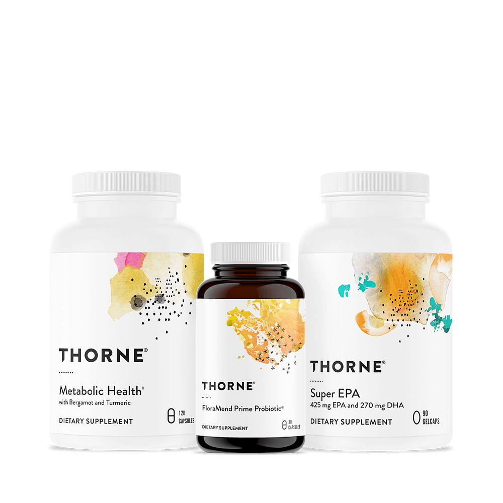 Thorne Weight Management Bundle featuring Metabolic Health, FloraMend Prime Probiotic, and Super EPA supplement bottles