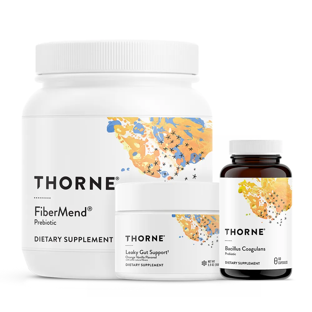 Thorne Gut Health Bundle with FiberMend, Leaky Gut Support, and Bacillus Coagulans supplement bottles and jars front view