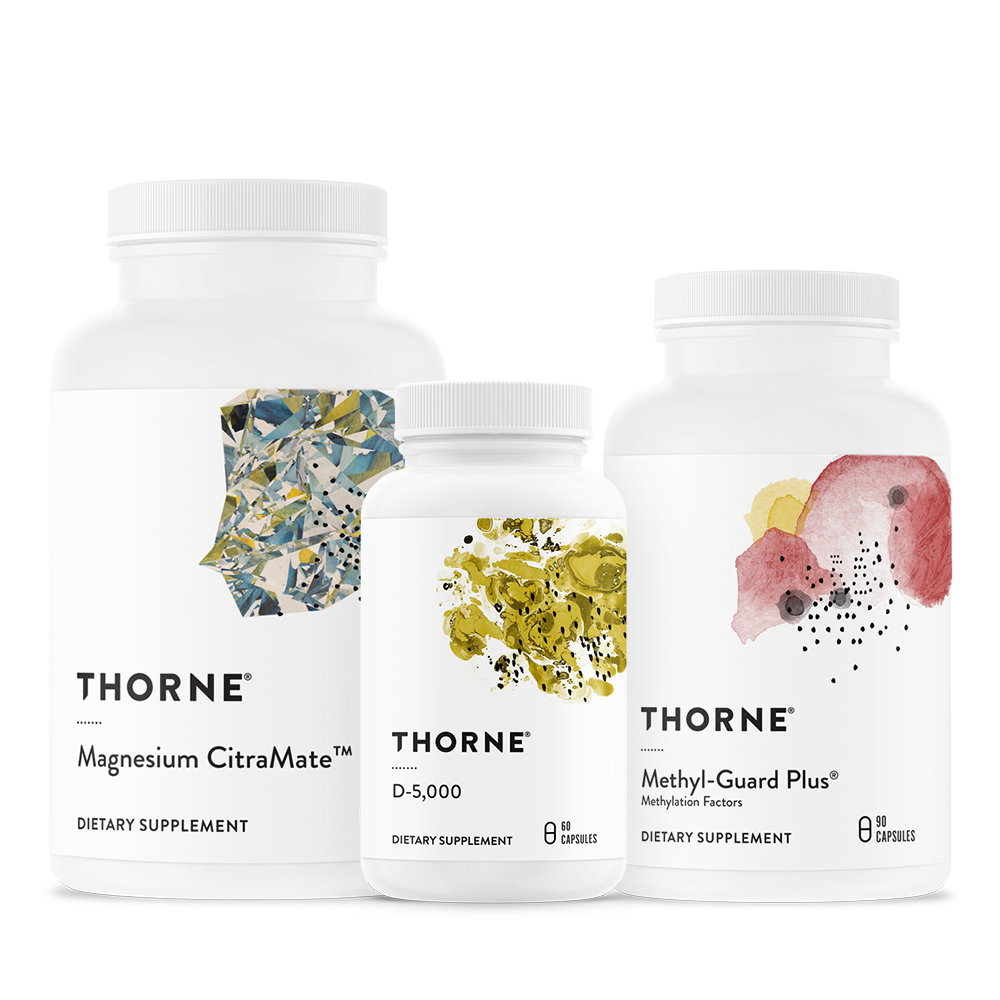 Thorne Methylation Bundle with Magnesium CitraMate, D-5,000, and Methyl-Guard Plus white bottles with abstract art labels
