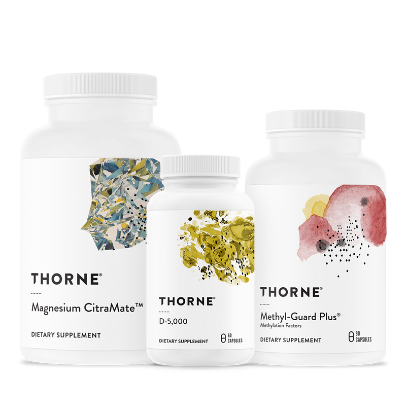 Thorne Methylation Bundle with Magnesium CitraMate, D-5,000, and Methyl-Guard Plus white bottles with abstract art labels