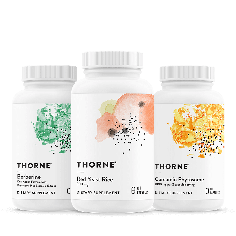 Thorne Healthy Lipid Bundle supplements with Berberine, Red Yeast Rice, and Curcumin Phytosome white capsule bottles