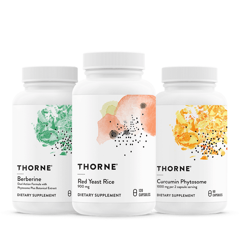 Thorne Healthy Lipid Bundle supplements with Berberine, Red Yeast Rice, and Curcumin Phytosome white capsule bottles