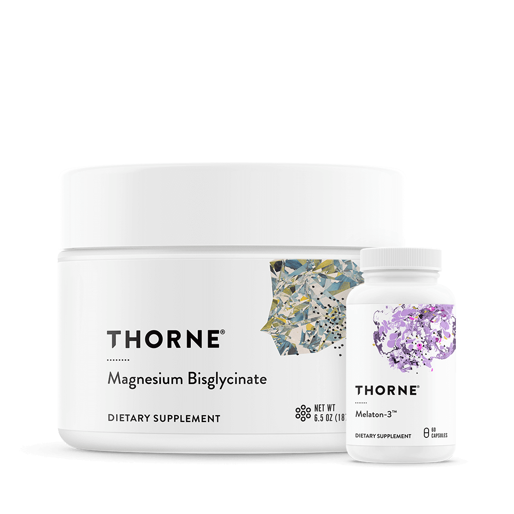 Thorne Sleep Stack for Athletes showing Magnesium Bisglycinate tub and Melaton-3 bottle in white minimalist packaging