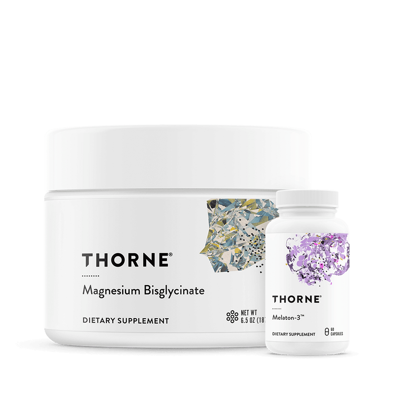 Thorne Sleep Stack for Athletes showing Magnesium Bisglycinate tub and Melaton-3 bottle in white minimalist packaging