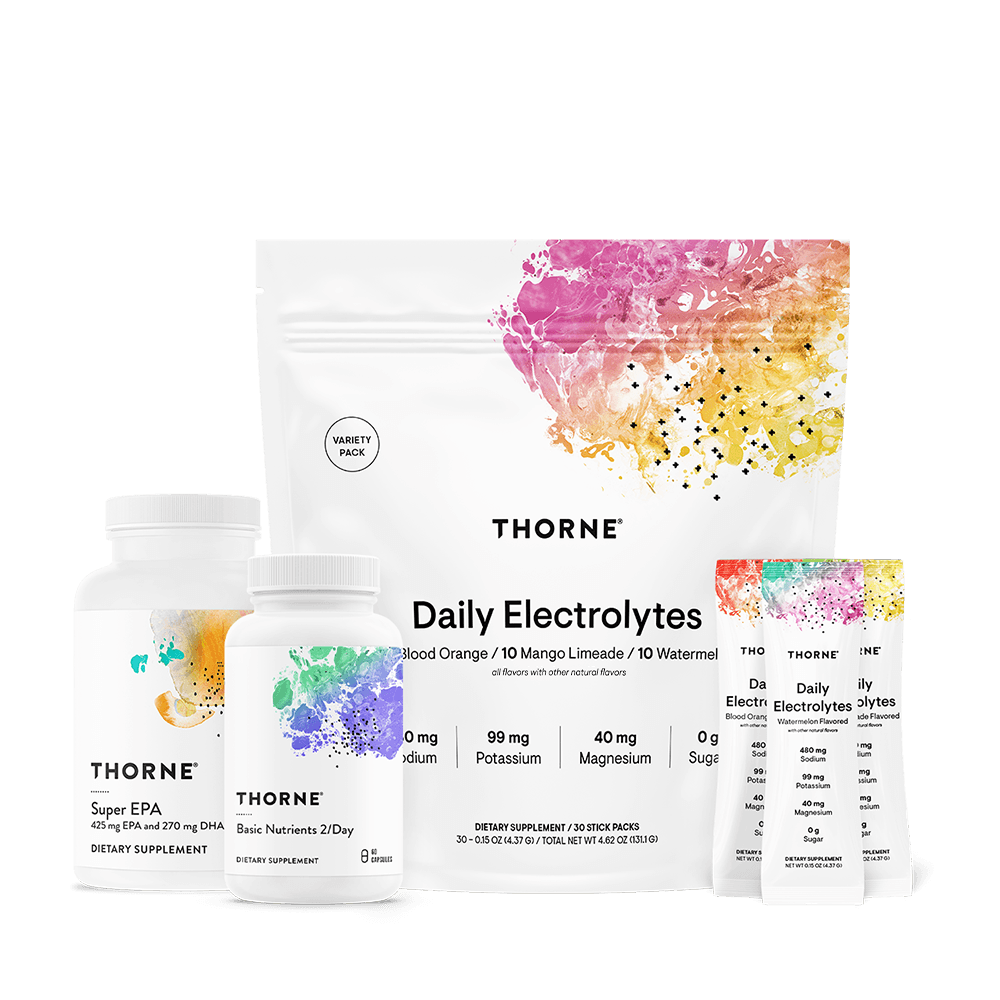 Thorne Youth Bundle supplements with Super EPA, Basic Nutrients 2/Day, and Daily Electrolytes stick packs in white colorful packaging