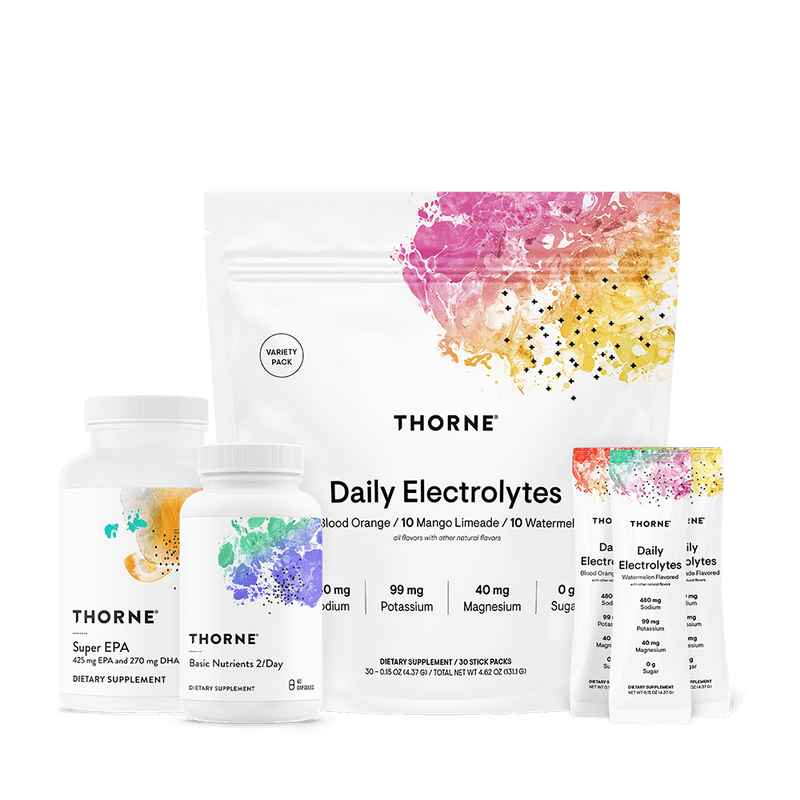 Thorne Youth Bundle supplements with Super EPA, Basic Nutrients 2/Day, and Daily Electrolytes stick packs in white colorful packaging