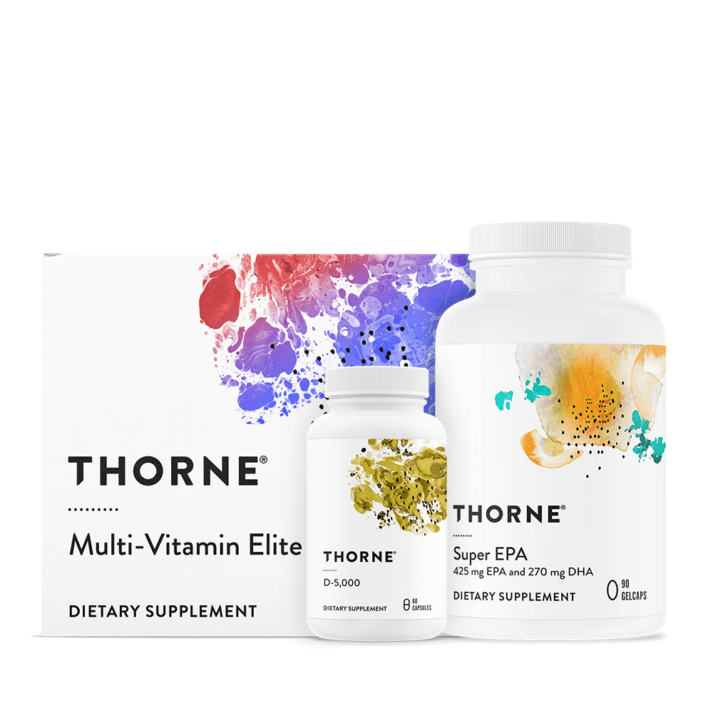 Thorne Foundation Bundle featuring Multi-Vitamin Elite box, D-5,000 bottle, and Super EPA softgel bottle with colorful labels