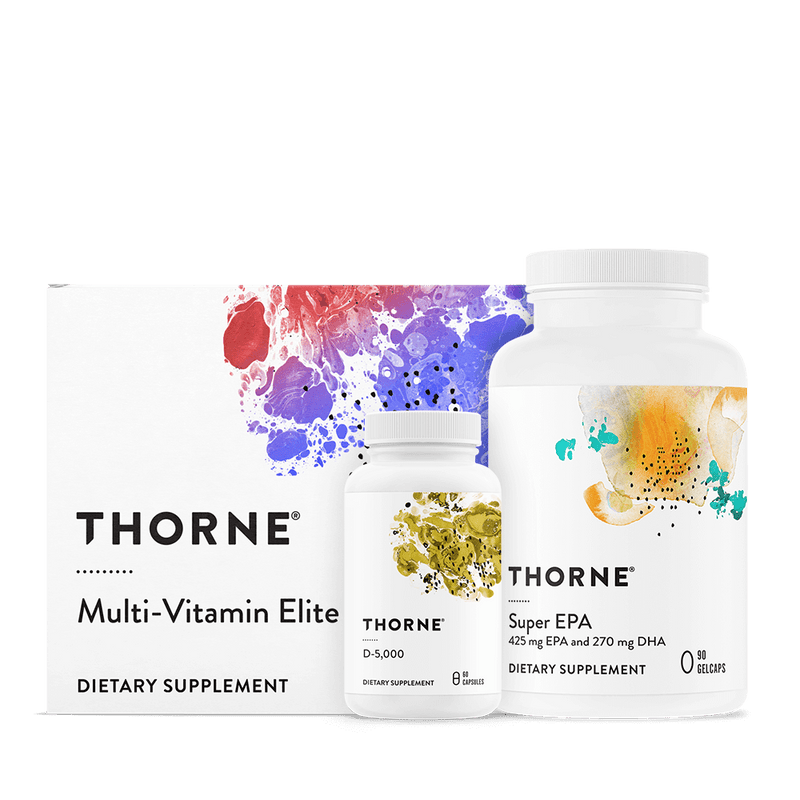 Thorne Foundation Bundle featuring Multi-Vitamin Elite box, D-5,000 bottle, and Super EPA softgel bottle with colorful labels