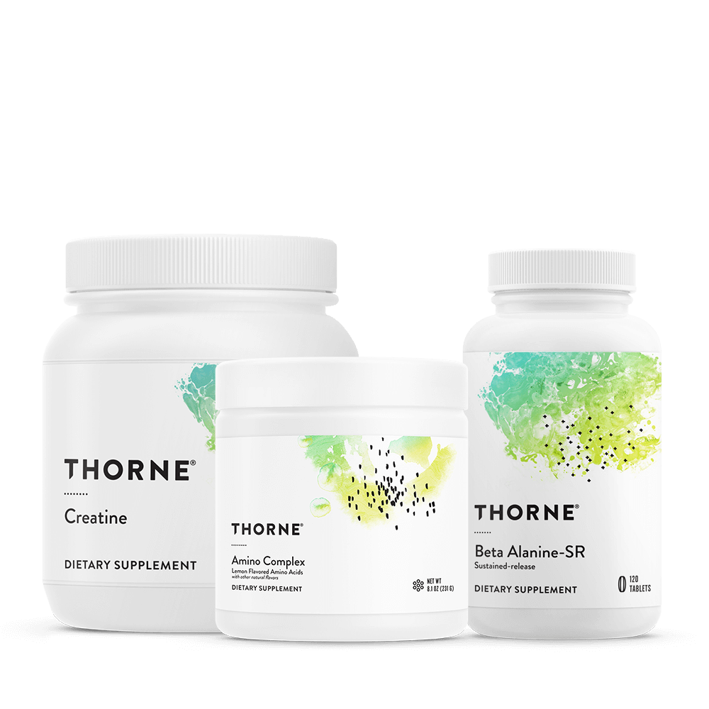 Thorne Training Stack Lemon supplement set with front labels for Creatine, Amino Complex, and Beta Alanine-SR bottles