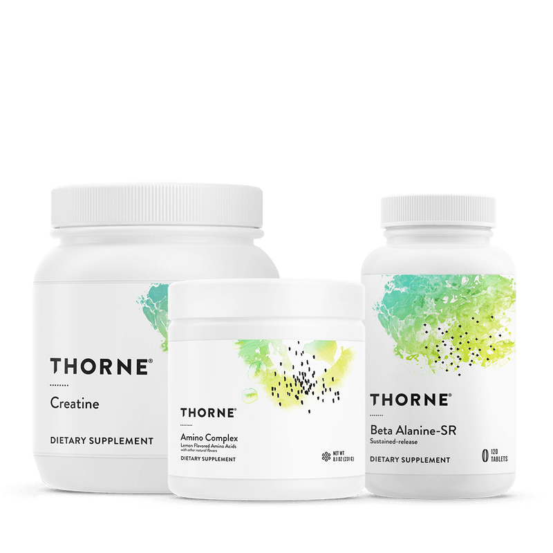 Thorne Training Stack Lemon supplement set with front labels for Creatine, Amino Complex, and Beta Alanine-SR bottles