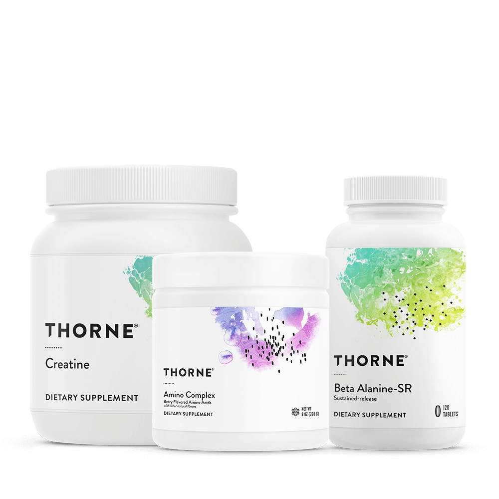 Thorne Training Stack Berry supplements with creatine, Amino Complex, and Beta Alanine-SR in white bottles with colorful labels
