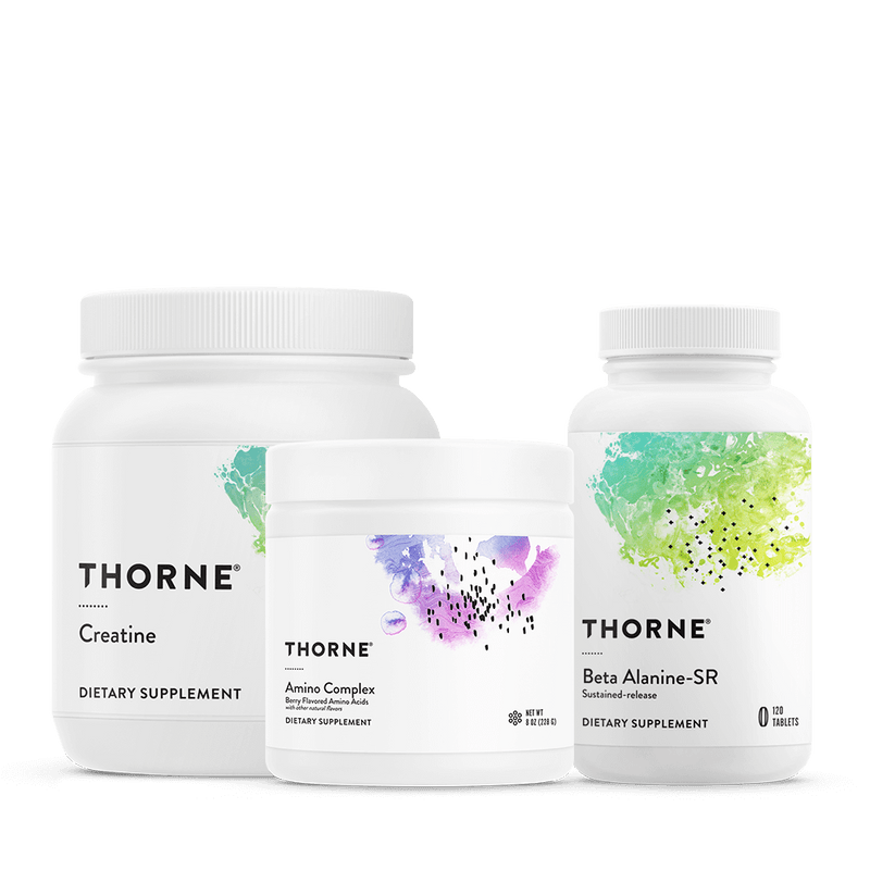 Thorne Training Stack Berry supplements with creatine, Amino Complex, and Beta Alanine-SR in white bottles with colorful labels
