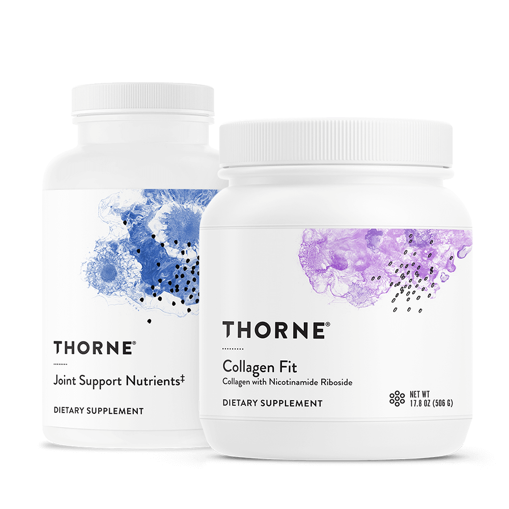 Thorne Joint Support Bundle featuring Joint Support Nutrients and Collagen Fit white bottles with blue and purple accents