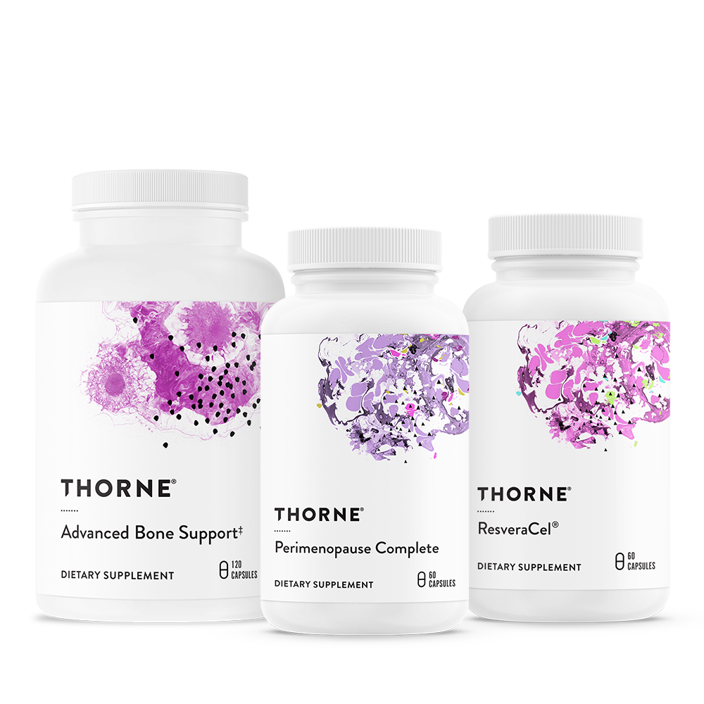 Thorne Menopause Stack bottle fronts showing Advanced Bone Support, Perimenopause Complete, and ResveraCel supplements