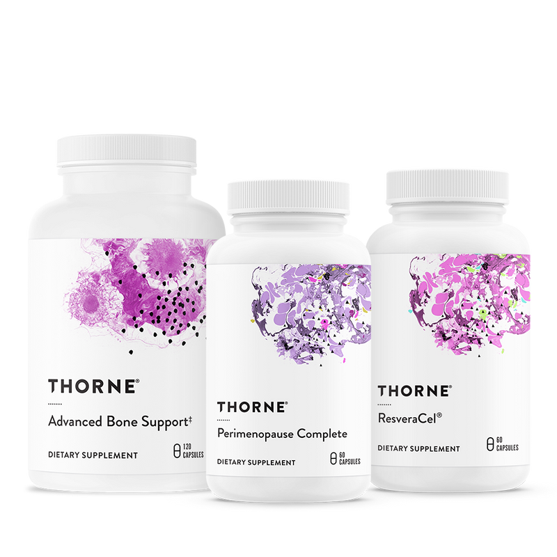 Thorne Menopause Stack bottle fronts showing Advanced Bone Support, Perimenopause Complete, and ResveraCel supplements