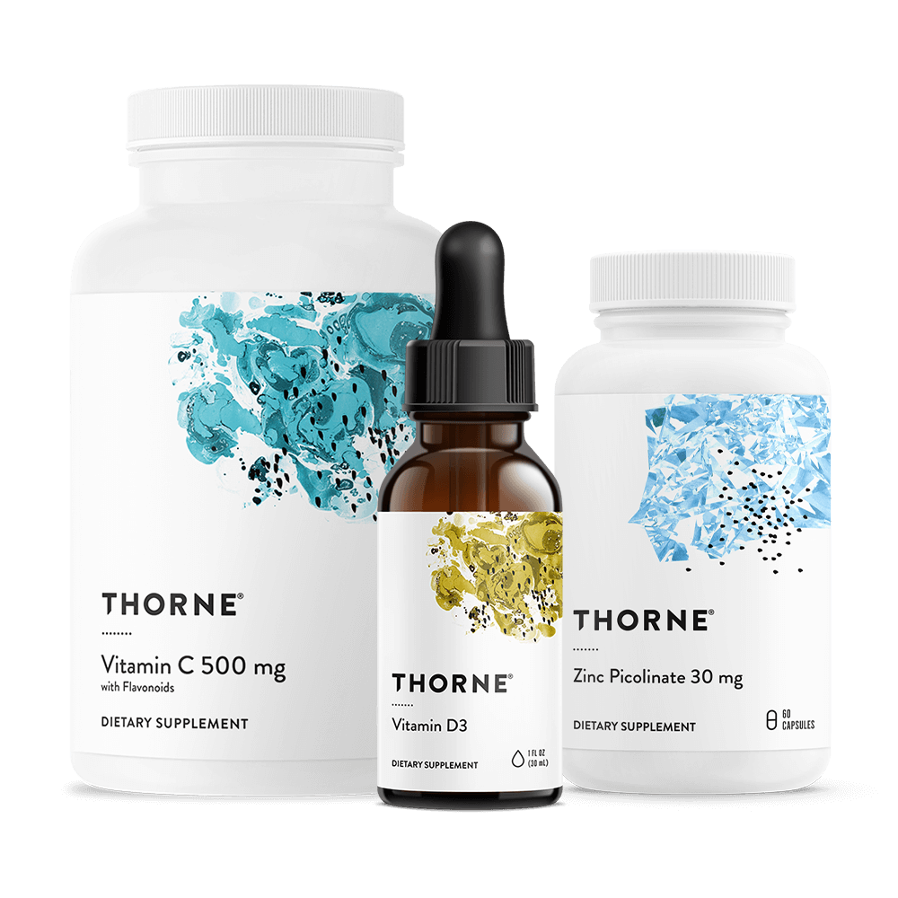 Thorne Immune Support Bundle with Vitamin C 500 mg bottle, Vitamin D3 dropper, and Zinc Picolinate 30 mg capsules
