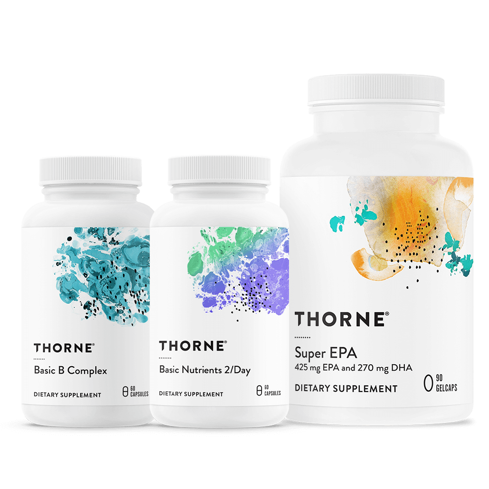 Thorne Basics Bundle supplement bottles showing Basic B Complex, Basic Nutrients 2/Day, and Super EPA front labels