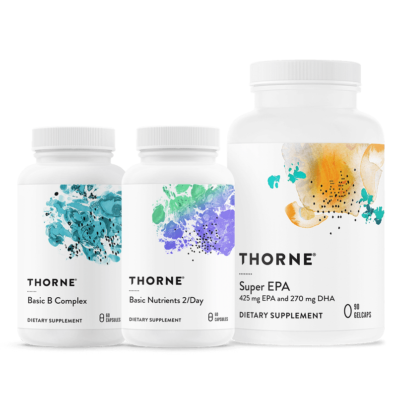Thorne Basics Bundle supplement bottles showing Basic B Complex, Basic Nutrients 2/Day, and Super EPA front labels