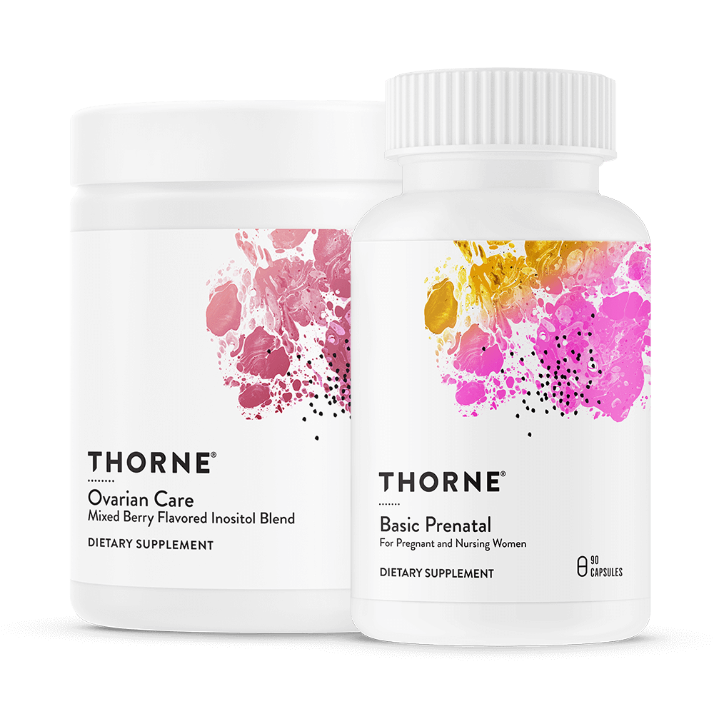 Thorne Fertility Stack bottles showing Ovarian Care powder and Basic Prenatal capsules with colorful abstract labels
