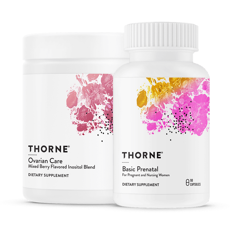Thorne Fertility Stack bottles showing Ovarian Care powder and Basic Prenatal capsules with colorful abstract labels