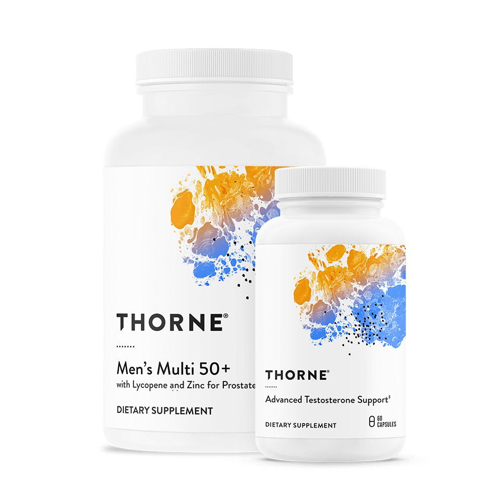Thorne Men’s Health Stack bottles showing Men’s Multi 50+ and Advanced Testosterone Support front labels on white packaging