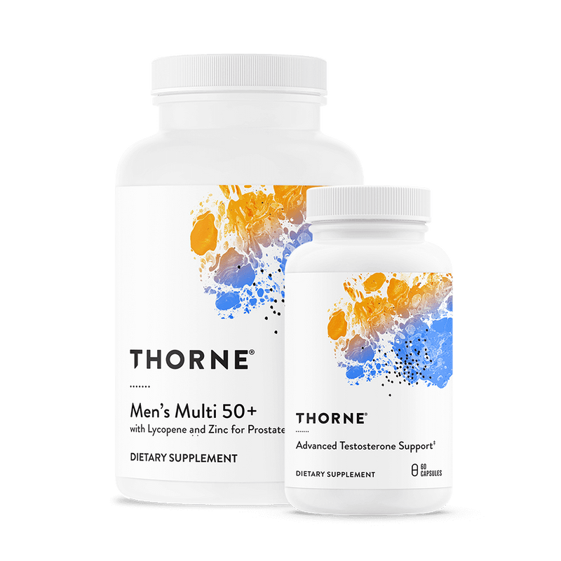 Thorne Men’s Health Stack bottles showing Men’s Multi 50+ and Advanced Testosterone Support front labels on white packaging