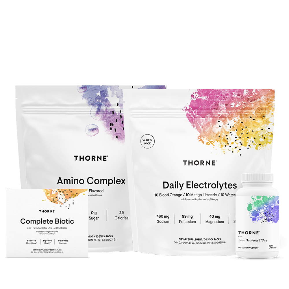 Thorne GLP-1 Support Stack Berry featuring Amino Complex, Daily Electrolytes, Complete Biotic, and Basic Nutrients 2/Day packaging
