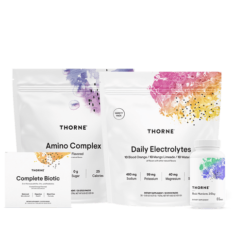 Thorne GLP-1 Support Stack Berry featuring Amino Complex, Daily Electrolytes, Complete Biotic, and Basic Nutrients 2/Day packaging