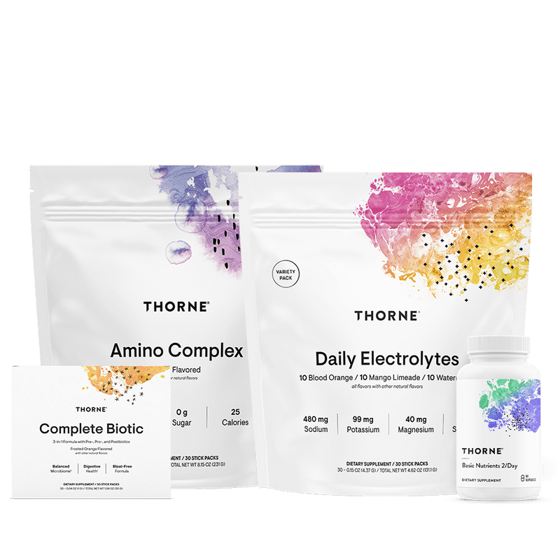 Thorne GLP-1 Support Stack Berry featuring Amino Complex, Daily Electrolytes, Complete Biotic, and Basic Nutrients 2/Day packaging