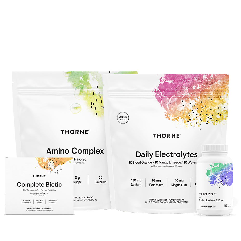Thorne GLP-1 Support Stack Lemon with Amino Complex and Daily Electrolytes pouches, Complete Biotic box, and nutrient bottle