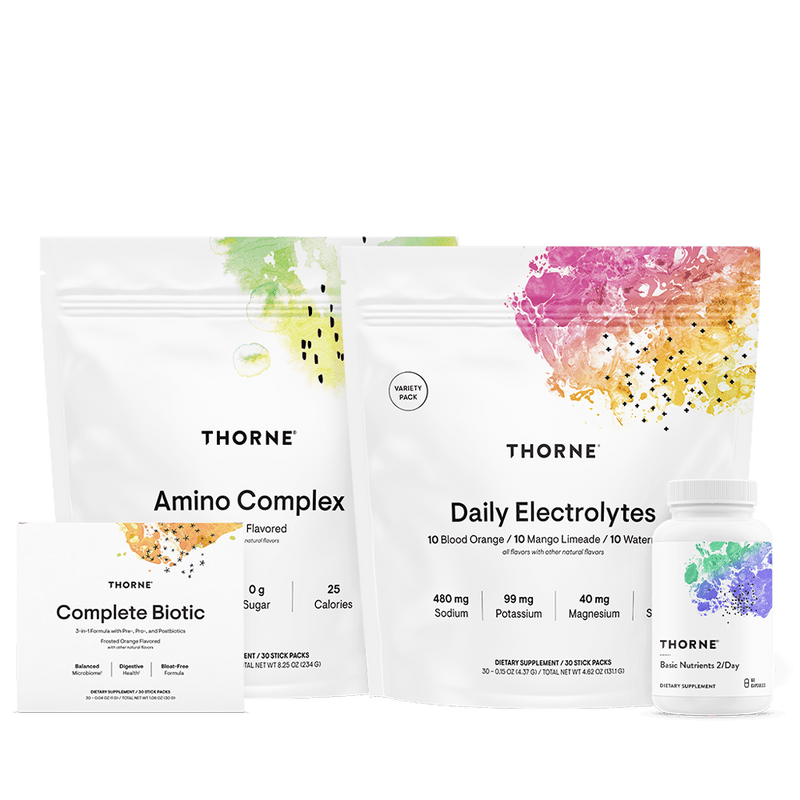 Thorne GLP-1 Support Stack Lemon with Amino Complex and Daily Electrolytes pouches, Complete Biotic box, and nutrient bottle