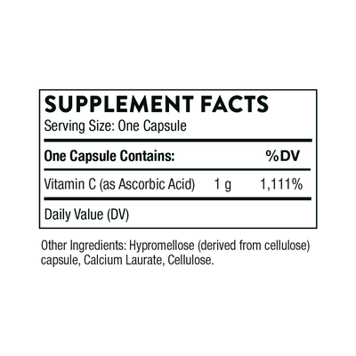 Thorne Ascorbic Acid Vitamin C 1,000 mg 60 Capsules supplement facts label showing 1 g vitamin C per capsule
