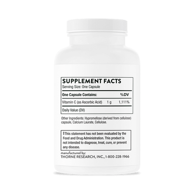 Back of Thorne Ascorbic Acid Vitamin C 1,000 mg 60-capsule bottle showing supplement facts and ingredient label