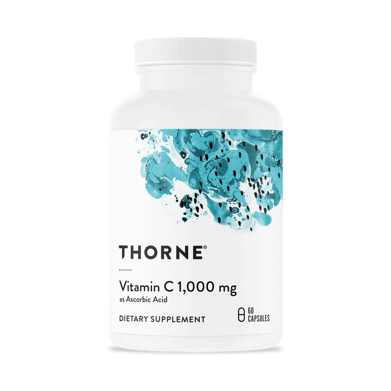 Thorne Ascorbic Acid Vitamin C 1,000 mg, 60 capsules bottle with teal abstract design on a white label