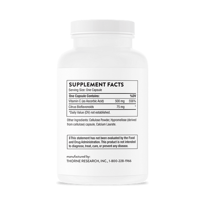 Back view of Thorne Vitamin C with Flavonoids 90-capsule bottle showing supplement facts and ingredient label