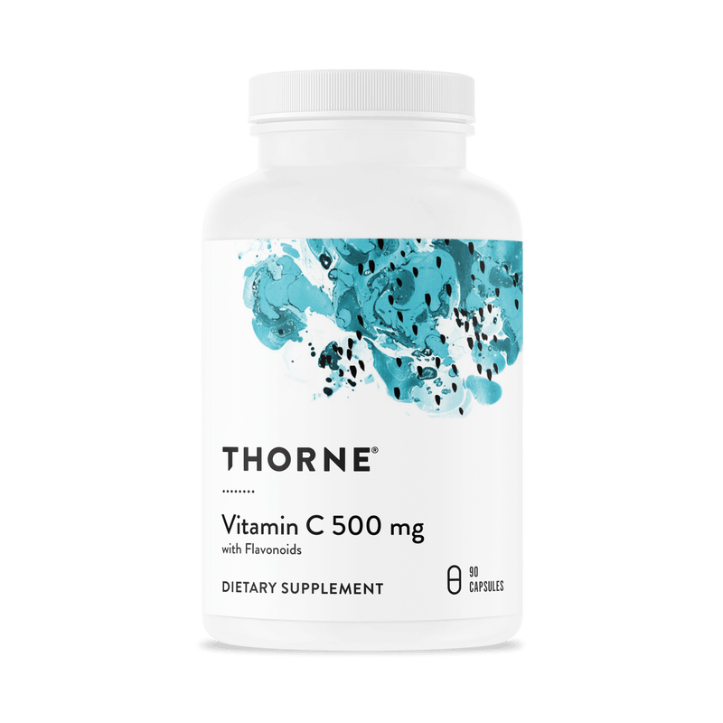 Thorne Vitamin C with Flavonoids 500 mg, 90 capsules, in a white bottle with teal abstract artwork on the label