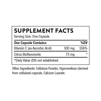 Thorne Vitamin C with Flavonoids 90 Capsules supplement facts label showing 500 mg vitamin C and 75 mg citrus bioflavonoids