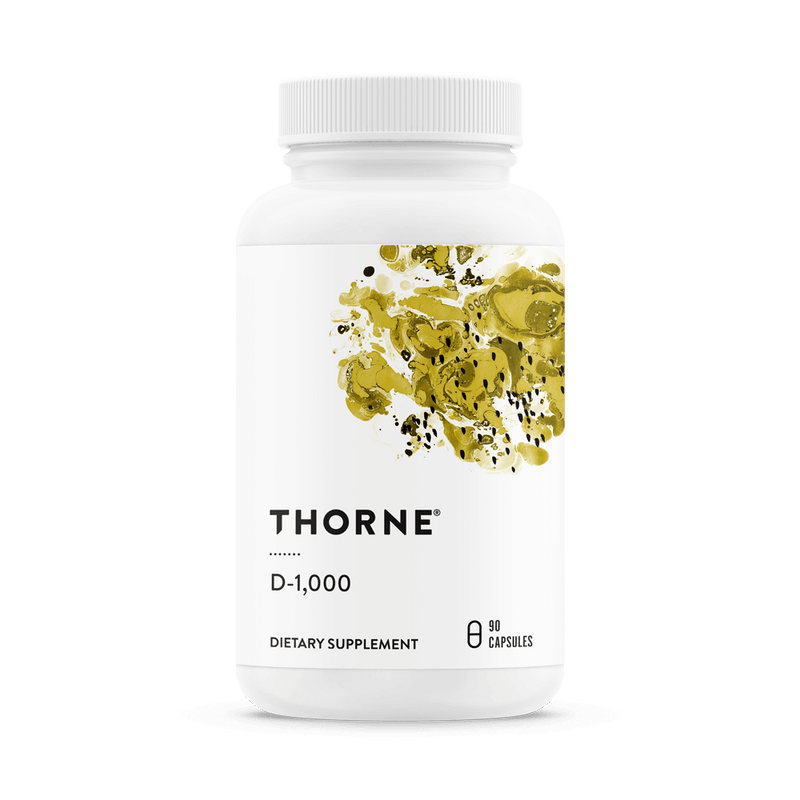 Thorne D-1000 Vitamin D supplement bottle front, white with yellow abstract design and label showing 90 capsules