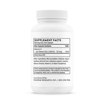 Thorne D-1000 Vitamin D supplement bottle back showing supplement facts panel and ingredient details.