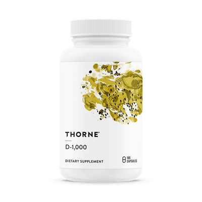 Thorne Vitamin D-1,000 supplement bottle front, white with yellow abstract design, 180 capsules indicated on label.