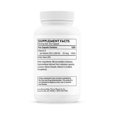 Thorne Vitamin D-1,000 180 capsules bottle back showing supplement facts and ingredient list on white label