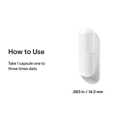 Thorne Vitamin D-1,000 white capsule with dosing text and size shown as .563 in / 14.3 mm on a white background