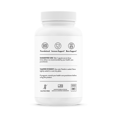 Back of Thorne Vitamin D-1,000 180-capsule bottle showing usage directions, benefits icons, gluten-free and NSF-certified labels