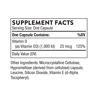 Thorne Vitamin D-1,000 180 Capsules supplement facts label showing 25 mcg vitamin D3 (1,000 IU) and other ingredients