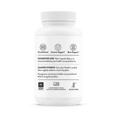 Back of Thorne D-5,000 Vitamin D 60-capsule white bottle showing usage directions, safety info, and gluten-free icons